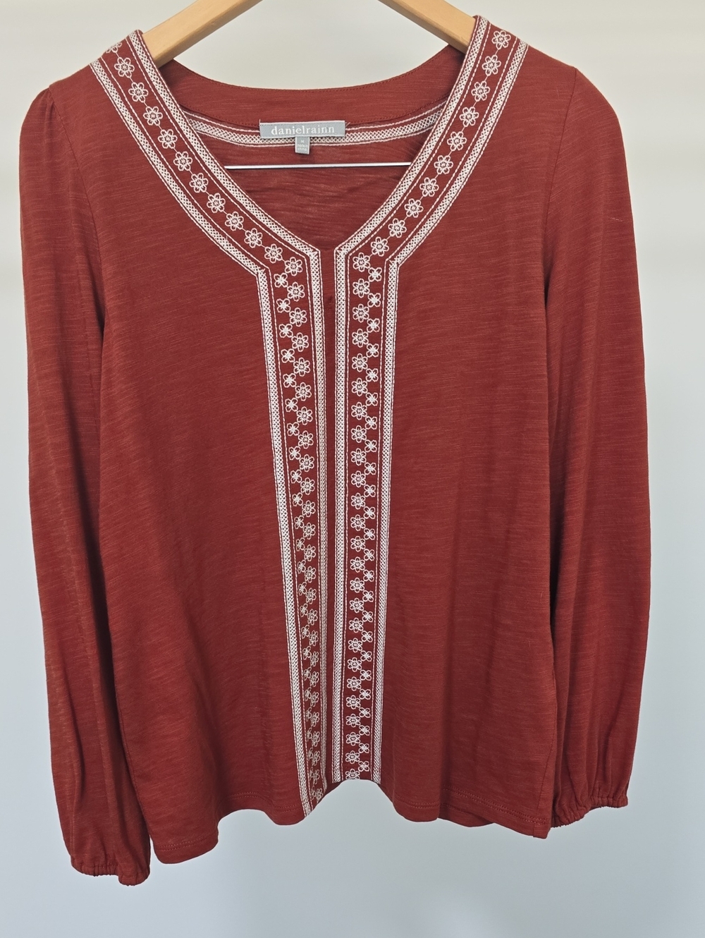 Daniel Rainn Rust Long-Sleeve V-Neck Top with White Embroidery